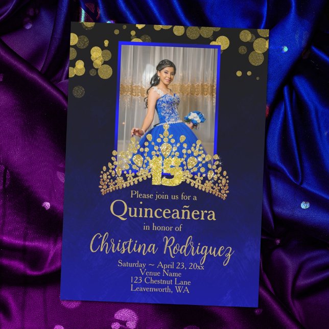 Invitación Royal Blue Princess Dress Quinceanera Gold Tiara (elegant royal blue and gold quinceanera invitations with gold crown and gold number 15)