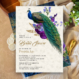 Invitación Royal Blue Purple Floral Peacock Bridal Shower