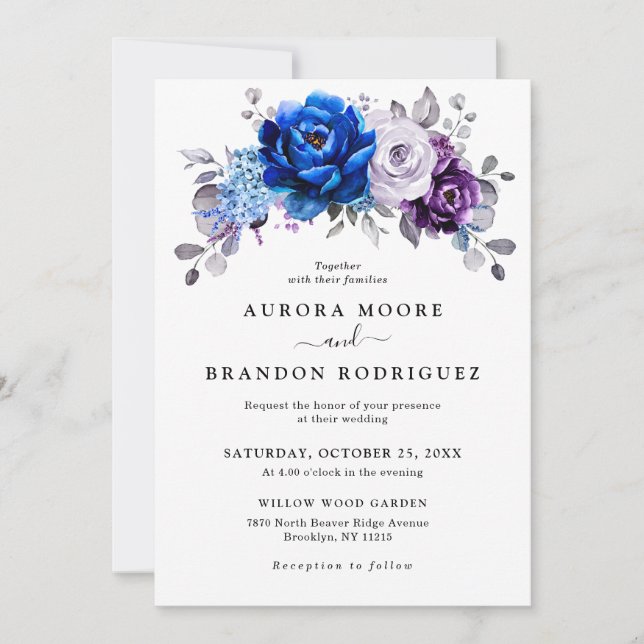 Invitación Royal Blue Purple Navy Lilac Blooms Wedding (Anverso)