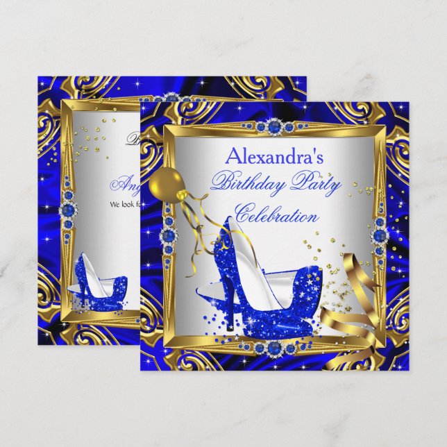 Invitación Royal Blue Purpurina High Heel Shoes Seda blanca d (Anverso / Reverso)