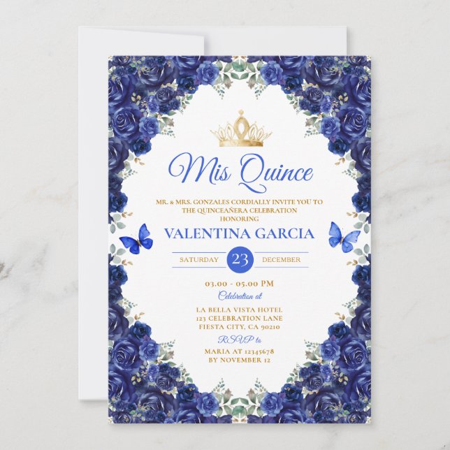 Invitación Royal Blue Quinceañera 15 Anos Flowers Gold Crown (Anverso)