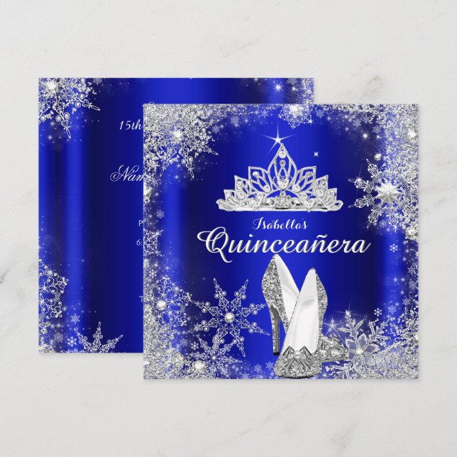 Invitación Royal Blue Quinceanera Silver Tiara 15º cumpleaños (Anverso / Reverso)