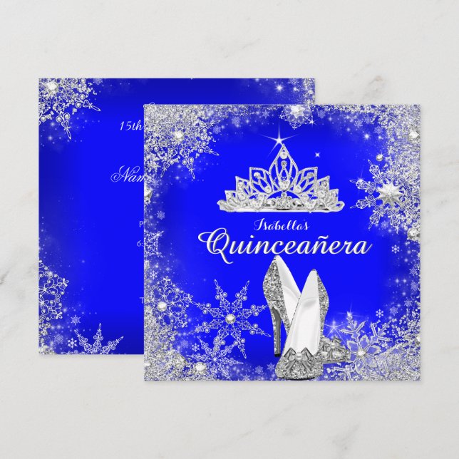 Invitación Royal Blue Quinceanera Silver Tiara 15º cumpleaños (Anverso / Reverso)