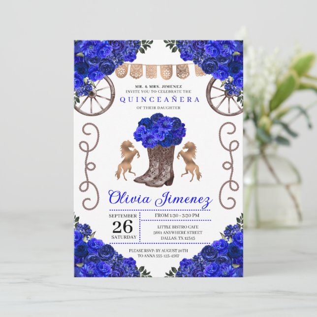Invitación Royal Blue Ranchero Floral Boots Quinceanera (Anverso de pie)