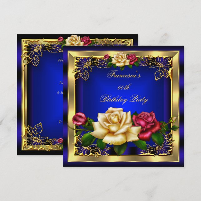 Invitación Royal Blue Red Cream Rosas Dorado Elegante Cumplea (Anverso / Reverso)