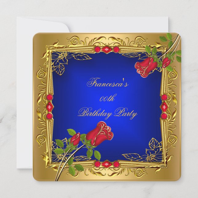 Invitación Royal Blue Red Roses Gold Elegthday Party (Anverso)