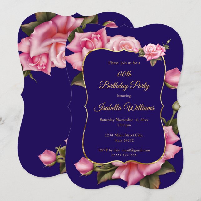 Invitación Royal Blue Rosa floral Gold Birday Party (Anverso / Reverso)
