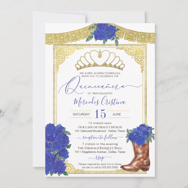 Invitación Royal Blue Rosa Gold Floral Charro Quinceanera (Anverso)