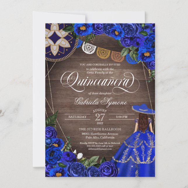 Invitación Royal Blue Rosa Western Charro Rustic Quinceanera  (Anverso)