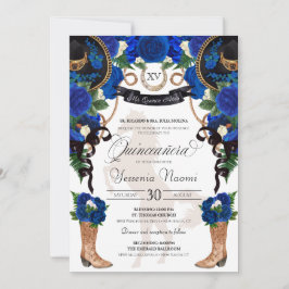 Invitación Royal Blue Rosa y Black Western Charro Quinceanera