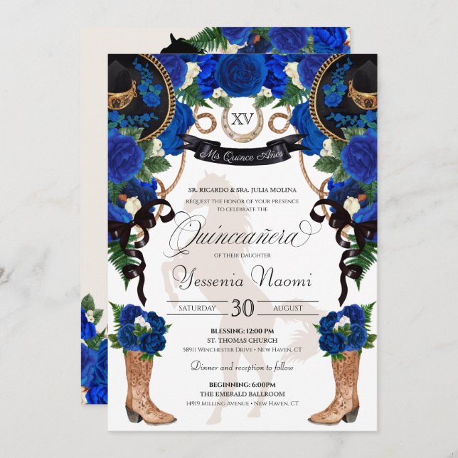 Invitación Royal Blue Rosa y Black Western Charro Quinceanera (Anverso / Reverso)