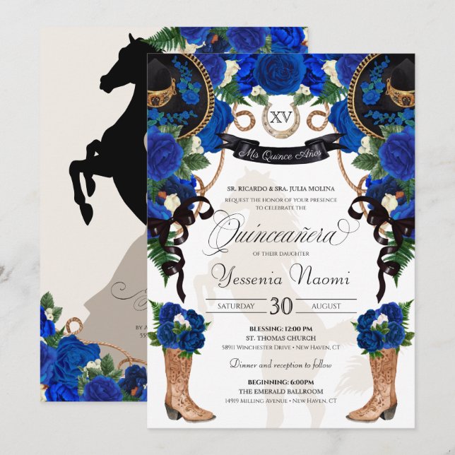 Invitación Royal Blue Rosa y Black Western Charro Quinceanera (Anverso / Reverso)