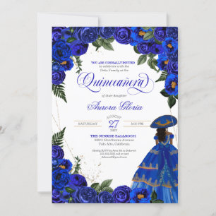 Invitación Royal Blue Rosas Charro Vestido Floral Quinceanera