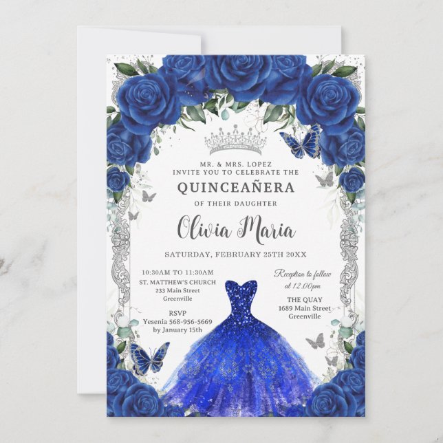 Invitación Royal Blue Rosas Vestido Floral Quinceañera Plata (Anverso)