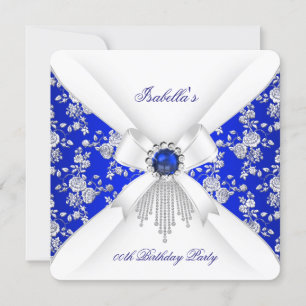 Invitación Royal Blue Rose White Damask Pearl Cumpleaños