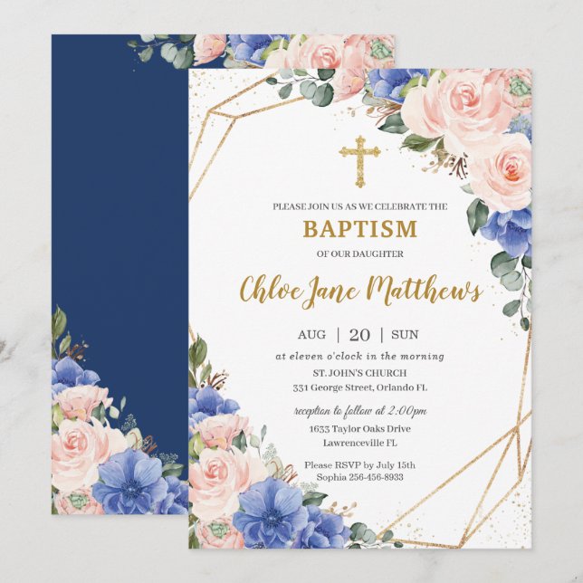 Invitación Royal Blue Rubor Floral Gold Baptism Christening (Anverso / Reverso)