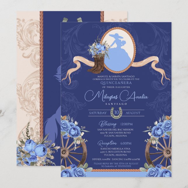 Invitación Royal Blue Rustic Charro Quinceanera (Anverso / Reverso)