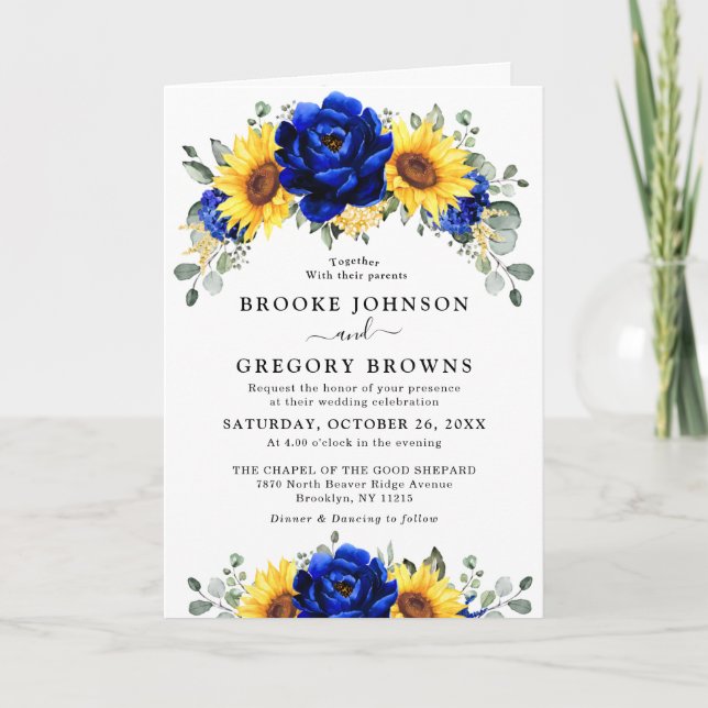 Invitación Royal Blue Rustic Sunflower Moderno Boda Floral (Anverso)