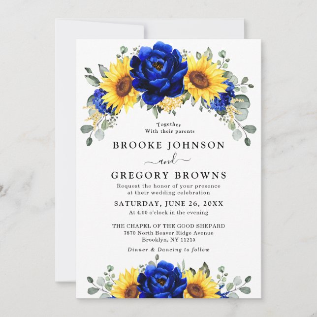Invitación Royal Blue Rustic Sunflower Moderno Boda Floral (Anverso)