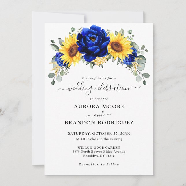 Invitación Royal Blue Rustic Sunflower Moderno Boda Floral (Anverso)