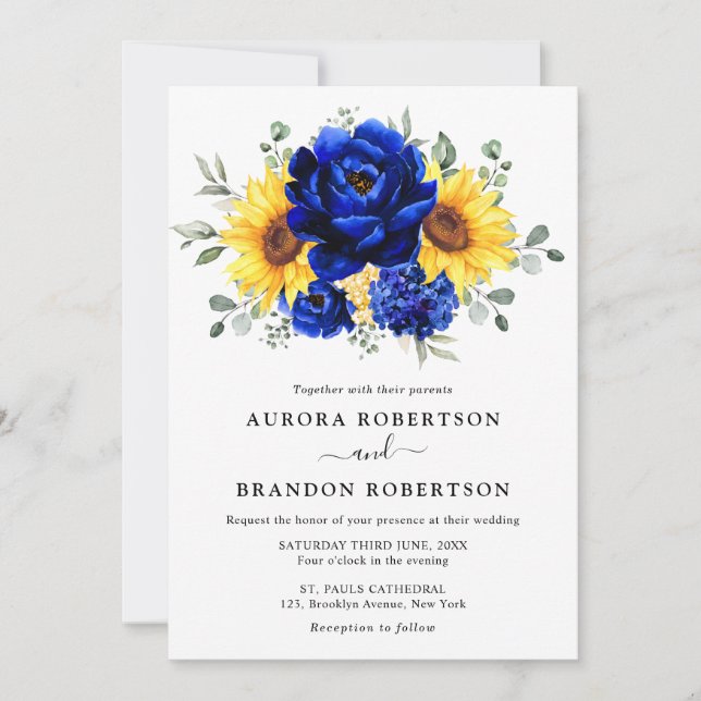 Invitación Royal Blue Rustic Sunflower Moderno Boda Floral (Anverso)