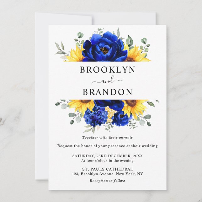 Invitación Royal Blue Rustic Sunflower Moderno Boda Floral (Anverso)