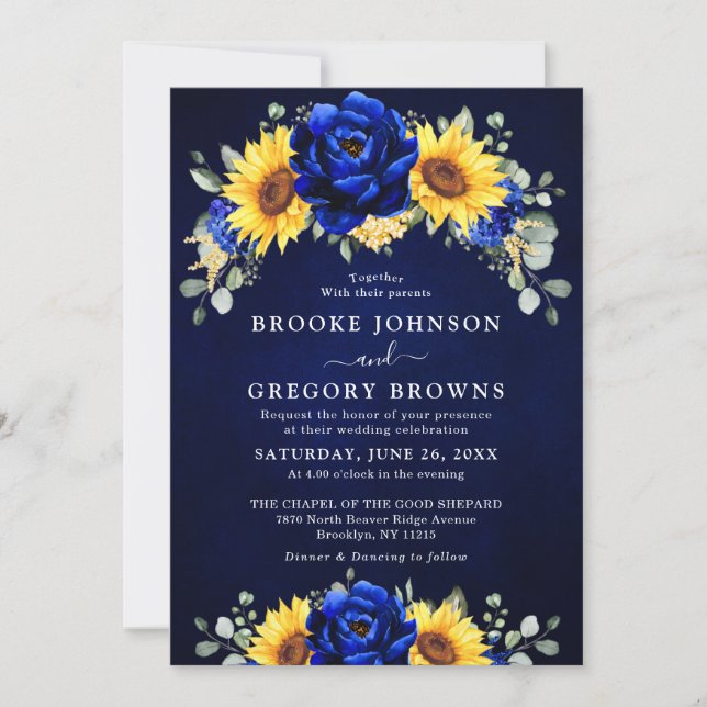 Invitación Royal Blue Rustic Sunflower Moderno Boda Floral (Anverso)
