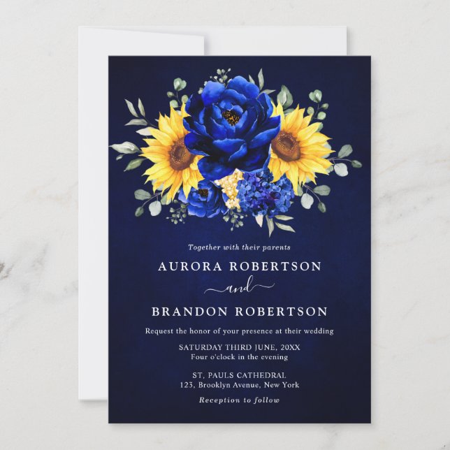 Invitación Royal Blue Rustic Sunflower Moderno Boda Floral (Anverso)