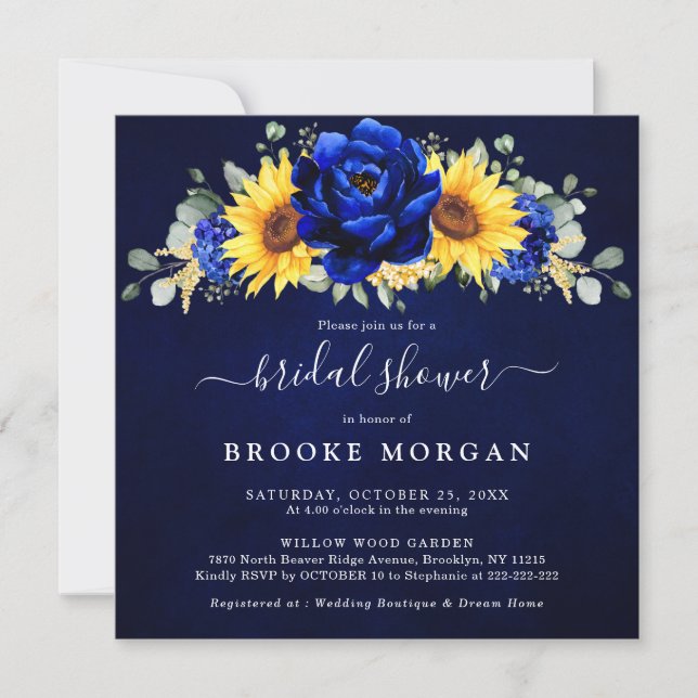 Invitación Royal Blue Rustic Sunflower Moderno Bridal Shower  (Anverso)