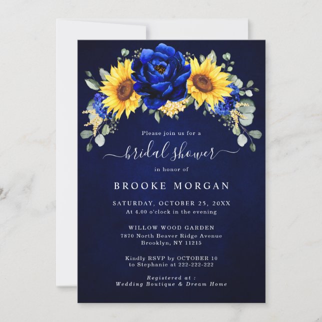 Invitación Royal Blue Rustic Sunflower Moderno Bridal Shower  (Anverso)