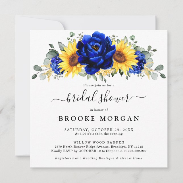 Invitación Royal Blue Rustic Sunflower Moderno Bridal Shower (Anverso)
