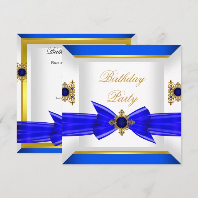 Invitación Royal Blue Sapphire Gem Jewel Gold Bow Cumpleaños (Anverso / Reverso)