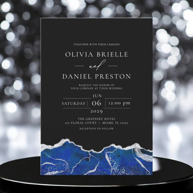Invitación Royal Blue Silver Agate Boda elegante y moderno (Subido por el creador)