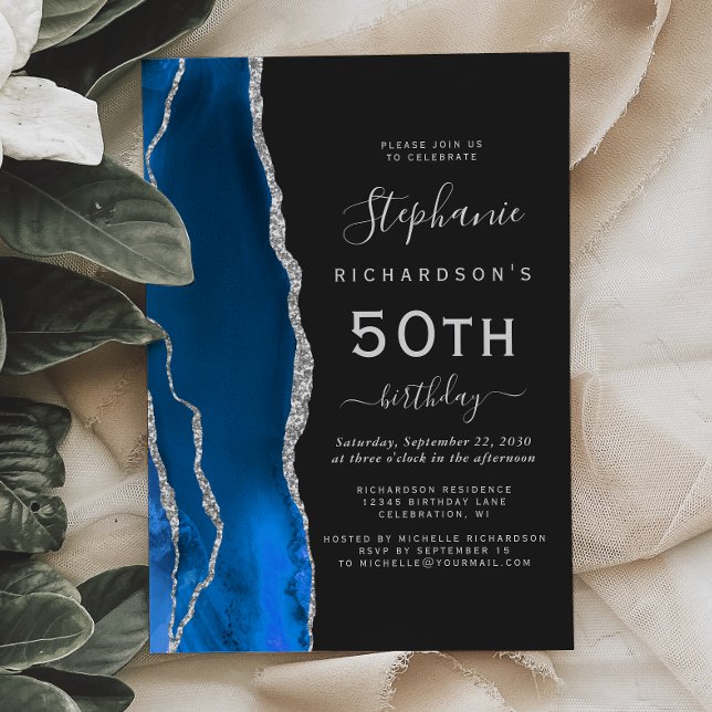 Invitación Royal Blue Silver Agate Oscuro 50 cumpleaños (Subido por el creador)