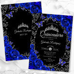 Invitación Royal Blue Silver Black Quinceanera<br><div class="desc">Invitación a la celebración de Quinceanera azul,  plata y negro. Características,  letra de guión,  mariposas,  rosas de acuarela y tiara. Perfecto para una elegante celebración de glam al estilo de la princesa. Personaliza con tus propios detalles. Invitaciones Zazzle impresas o una plantilla imprimible digital de descarga instantánea.</div>