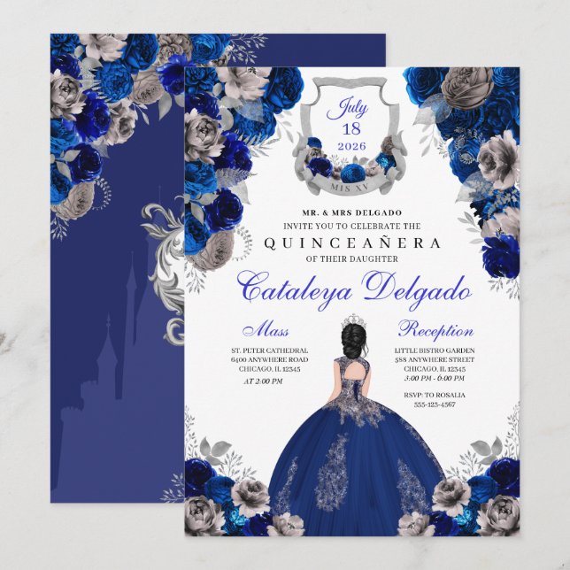 Invitación Royal Blue & Silver Floral Elegante Quinceañera (Anverso / Reverso)