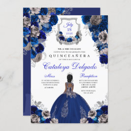 Invitación Royal Blue & Silver Floral Elegante Quinceañera