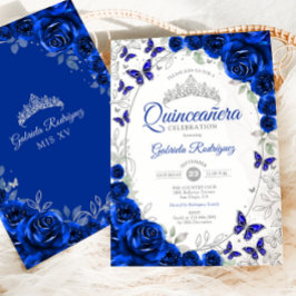 Invitación Royal Blue Silver Floral Quinceanera