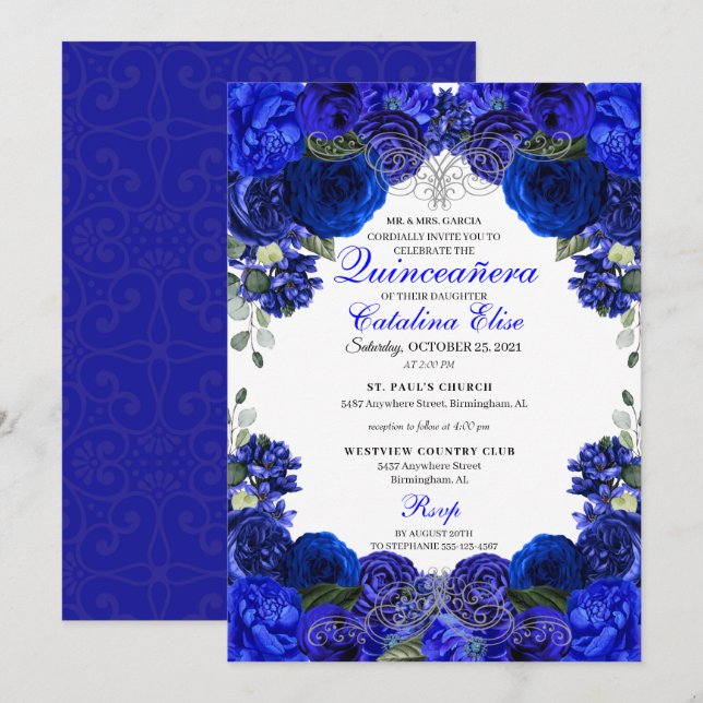 Invitación Royal Blue & Silver Floral Quinceanera Cumpleaños (Anverso / Reverso)