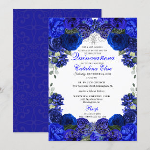Invitación Royal Blue & Silver Floral Quinceanera Cumpleaños