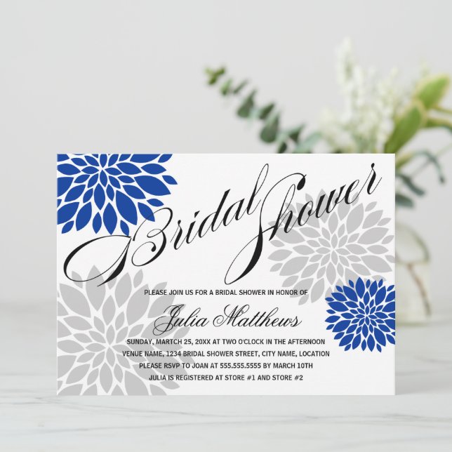 Invitación Royal Blue Silver Gray Floral Burst Bridal Shower (Anverso de pie)