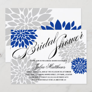 Invitación Royal Blue Silver Gray Floral Burst Bridal Shower