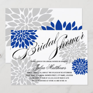 Invitación Royal Blue Silver Gray Floral Burst Bridal Shower