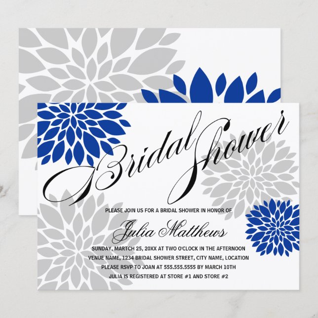 Invitación Royal Blue Silver Gray Floral Burst Bridal Shower (Anverso / Reverso)