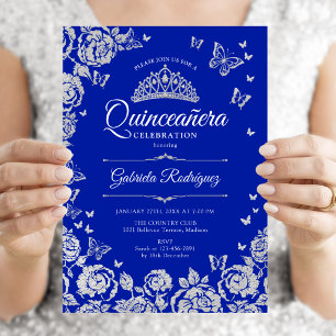 Invitación Royal Blue Silver Rosas Mariposas Quinceañera