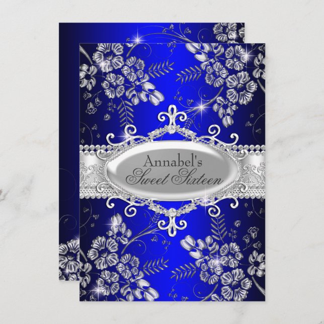 Invitación Royal Blue Silver Sparkle Flower Sweet 16 Invite (Anverso / Reverso)