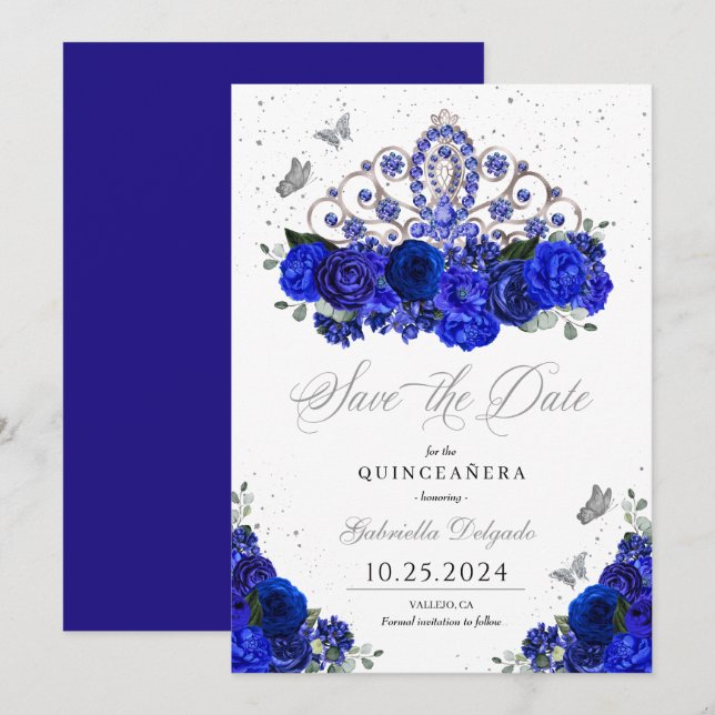 Invitación Royal Blue Silver Tiara Salven La Fecha Quinceañer (Anverso / Reverso)