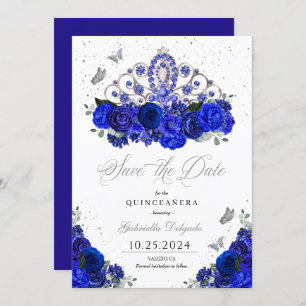 Invitación Royal Blue Silver Tiara Salven La Fecha Quinceañer