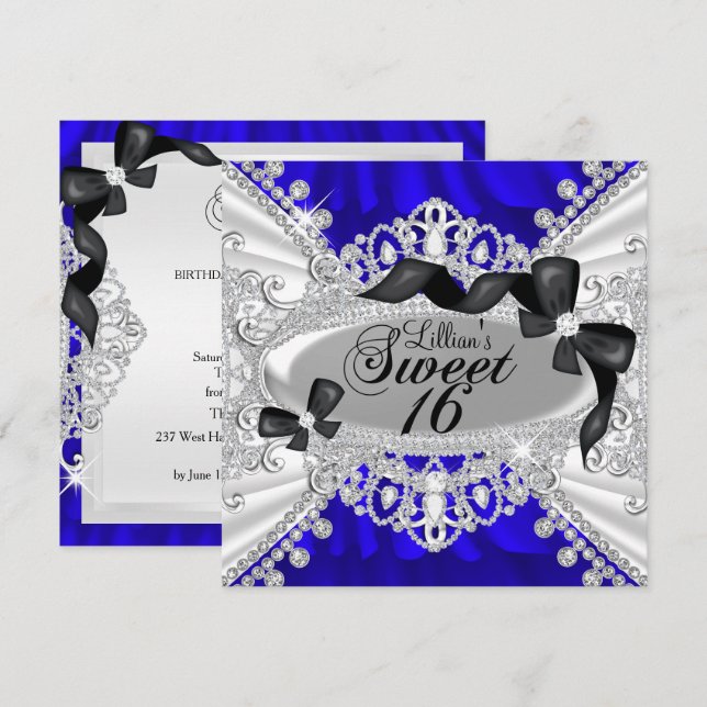 Invitación Royal Blue Sparkle Diamond & Bow Sweet  (Anverso / Reverso)