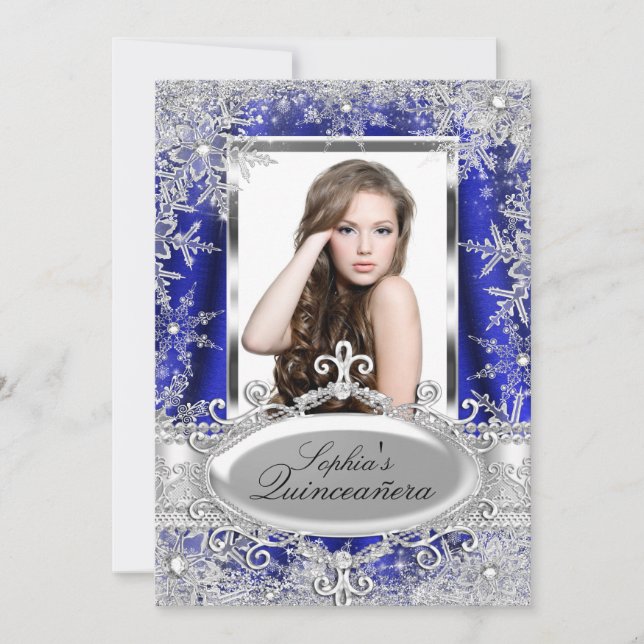 Invitación Royal Blue Sparkle Jewel Snowflake Quinceanera (Anverso)